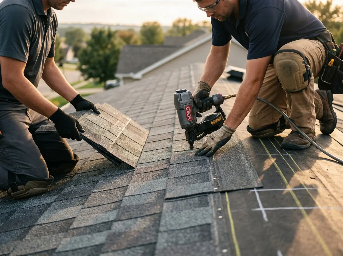 Professional roofer working on a residential roof in Champaign